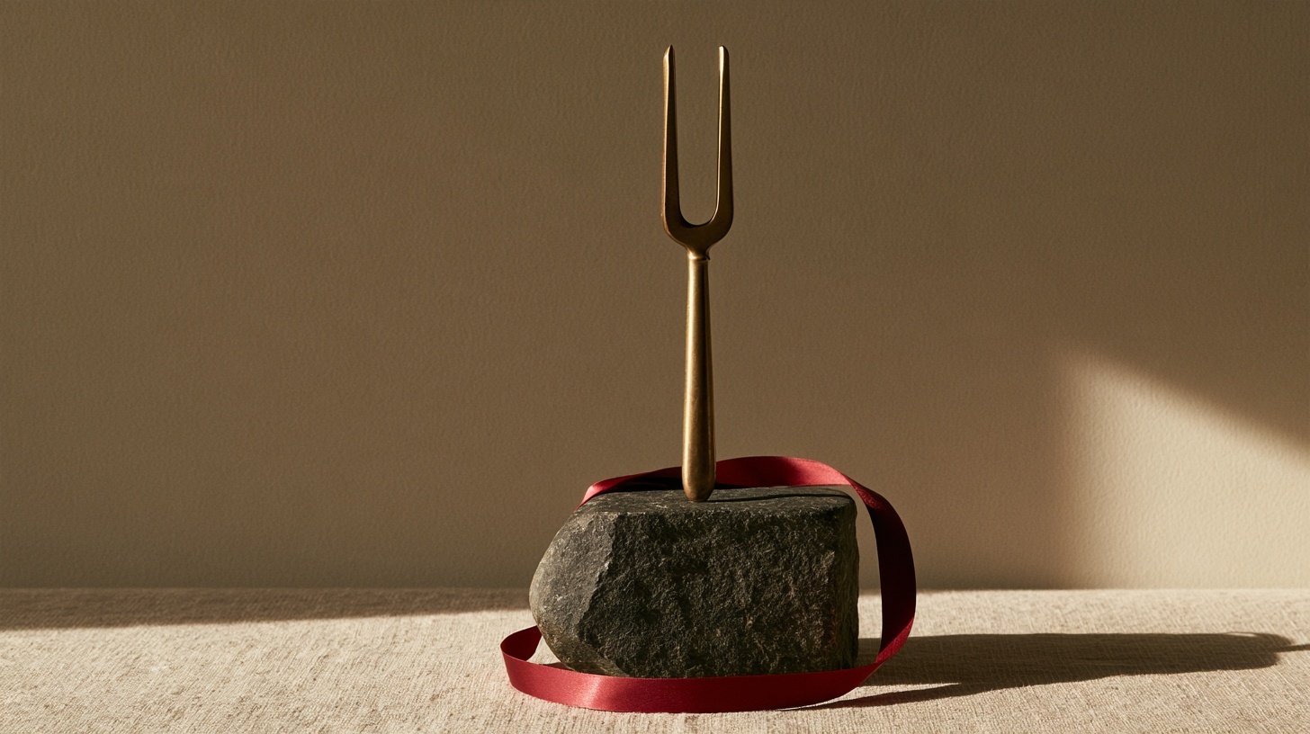 A vintage brass tuning fork standing upright on a charcoal stone block, a coil of rubine ribbon around its base. Hero image for an article on advertising jingles.