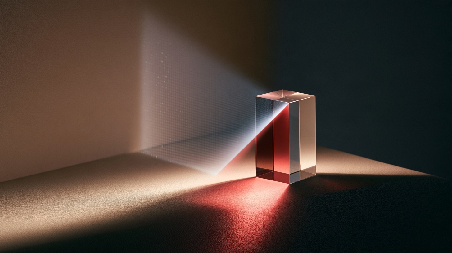 A clear glass prism on a matte charcoal surface splits a single beam of white studio light into a narrow fan that resolves into one deep rubine band, while a faint grid of tiny — hero image for AI branding