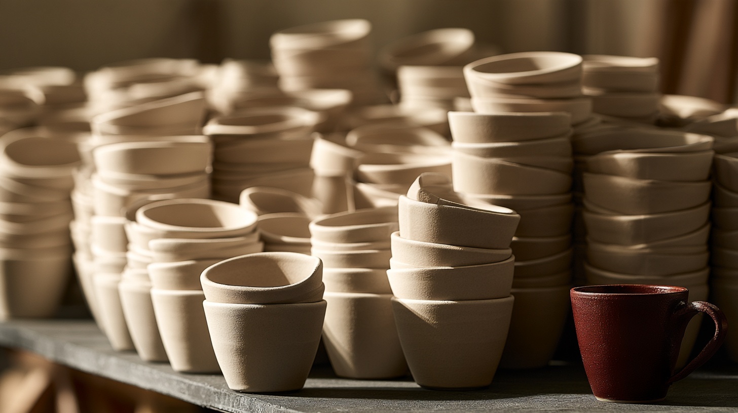 An overflowing pile of identical pale ceramic cups stacked on a long charcoal table, hundreds of them, softly out of focus
