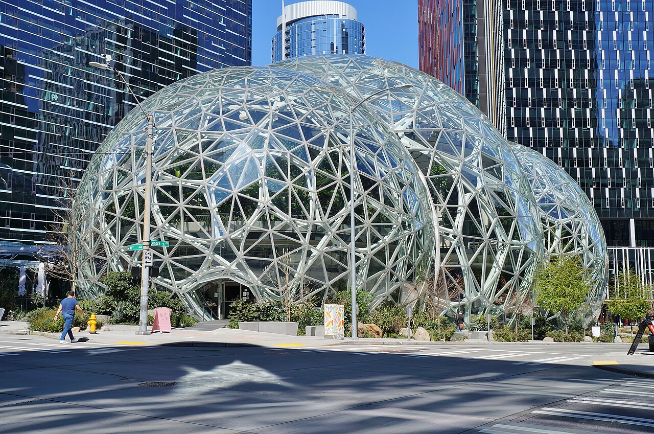 The glass Amazon Spheres in Seattle seen from 6th Avenue
