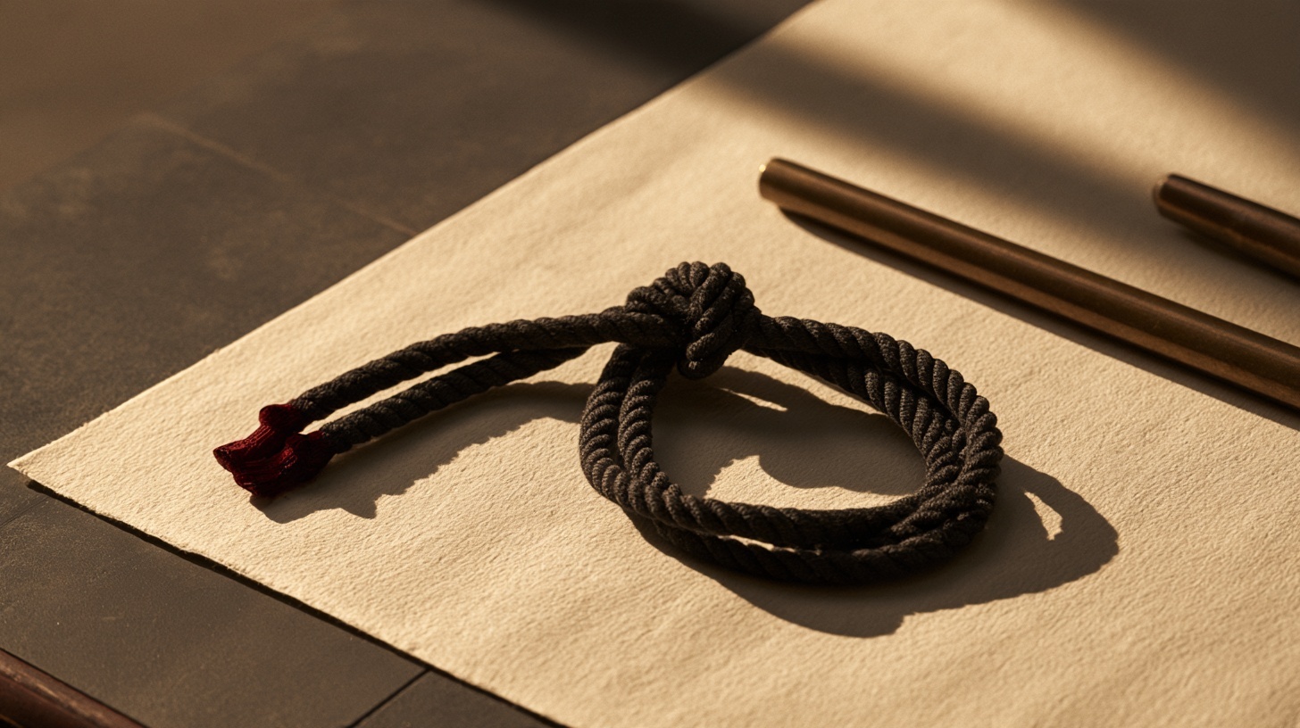 Two lengths of thick charcoal cord tied together in a single loose, elegant knot resting on warm off-white handmade paper. Hero image for an article on ampersand in branding.