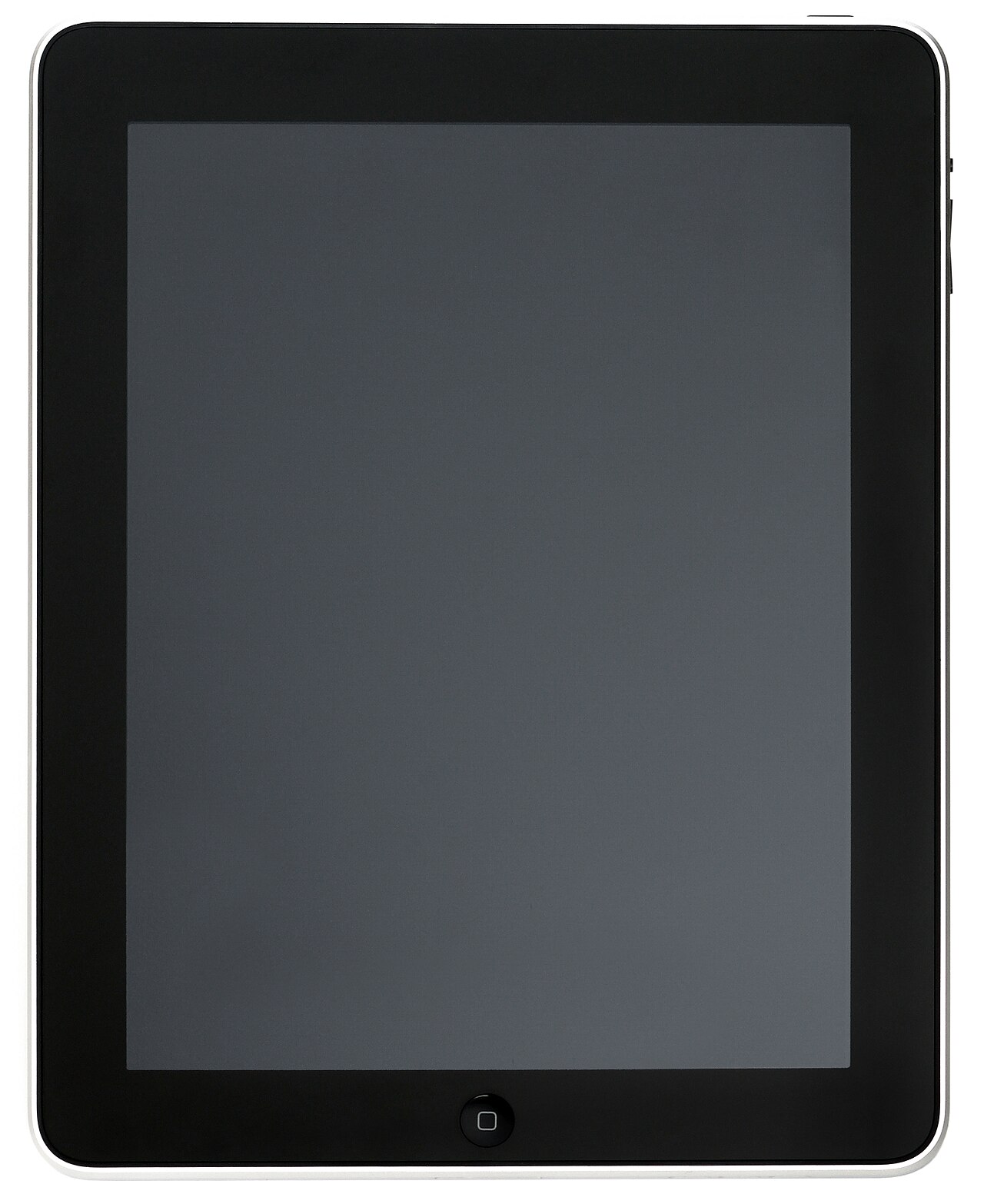 A first-generation Apple iPad with a black screen, seen from the front