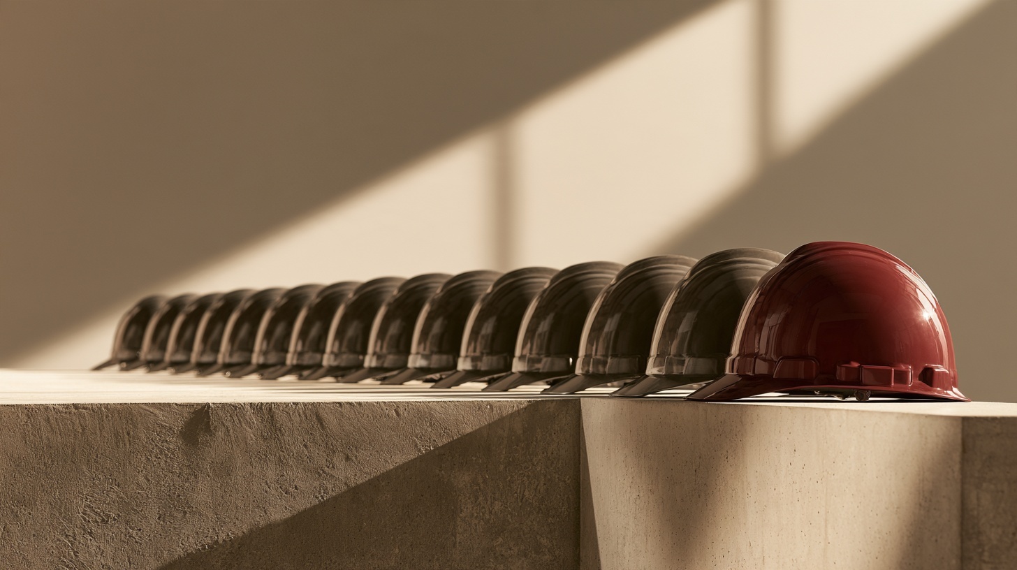 A neat row of identical charcoal steel hard hats resting on a pale concrete ledge, one hard hat in glossy deep rubine standing out without breaking the line, soft directional — hero image for B2B branding
