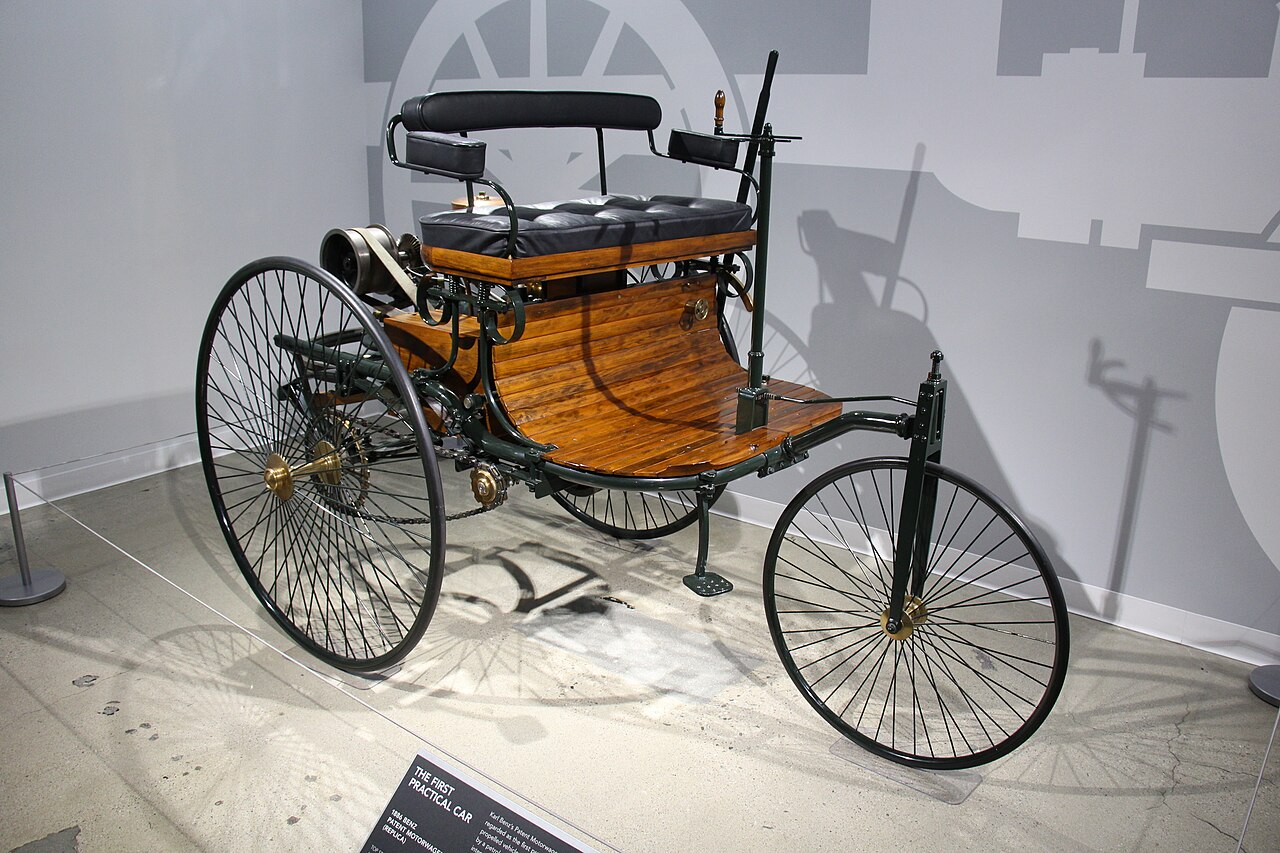 The three-wheeled 1886 Benz Patent-Motorwagen on display