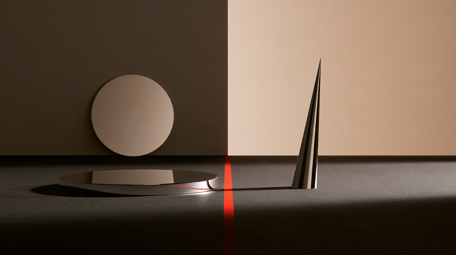 Two polished chrome objects on a dark charcoal floor, one a smooth circular disc, the other a slender three-pointed form. Hero image for an article on BMW vs Mercedes-Benz.