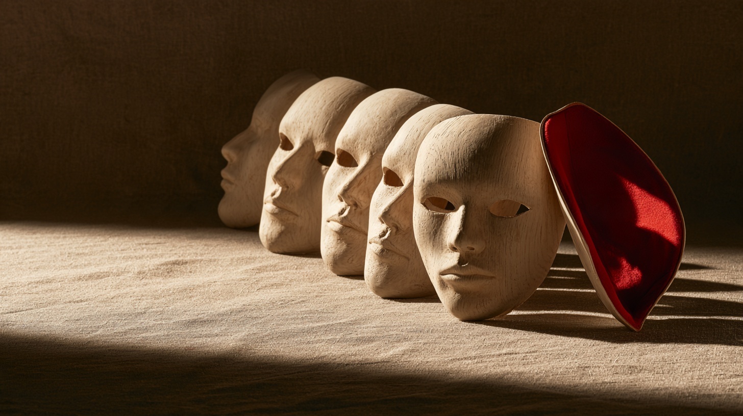 A row of blank, unpainted theatre masks in warm plaster and pale wood, laid on a charcoal linen surface under soft directional studio light from the right — hero image for brand archetypes