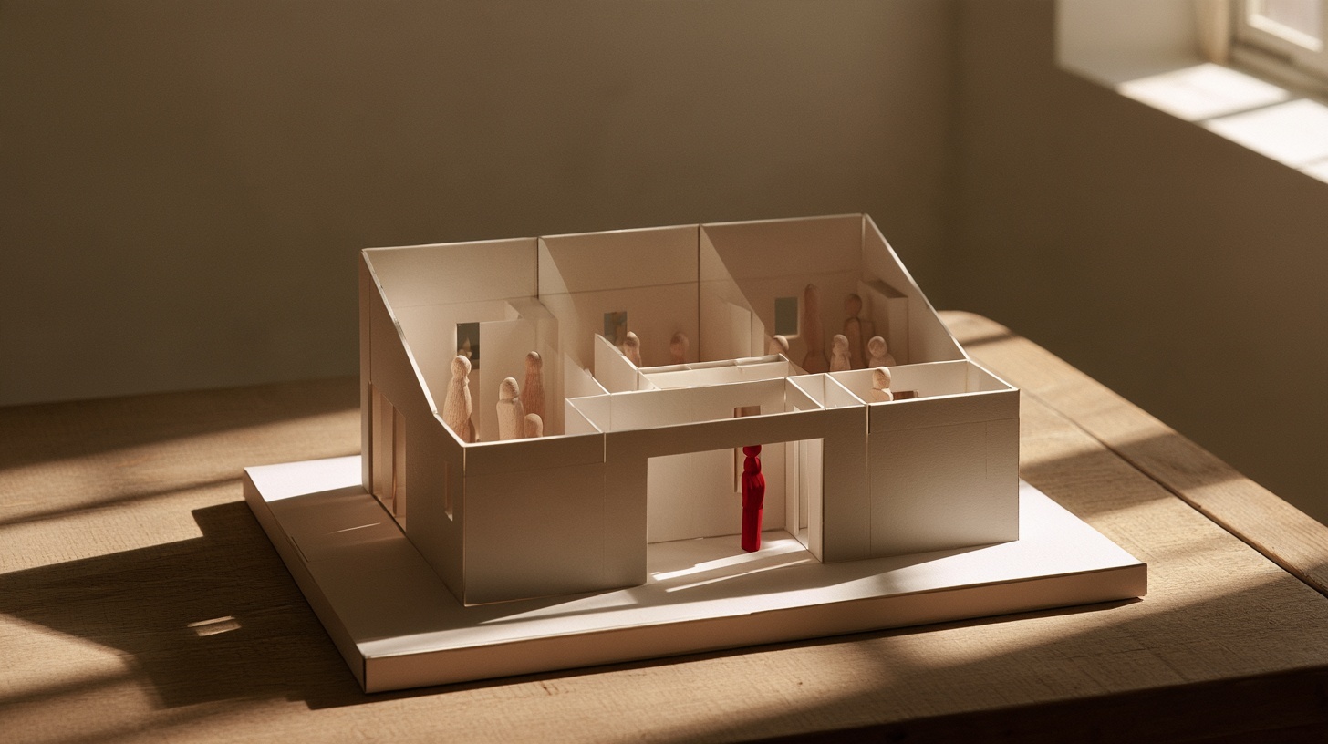 An architect's white card model of a family house with its roof lifted away, revealing rooms of different sizes — hero image for brand architecture