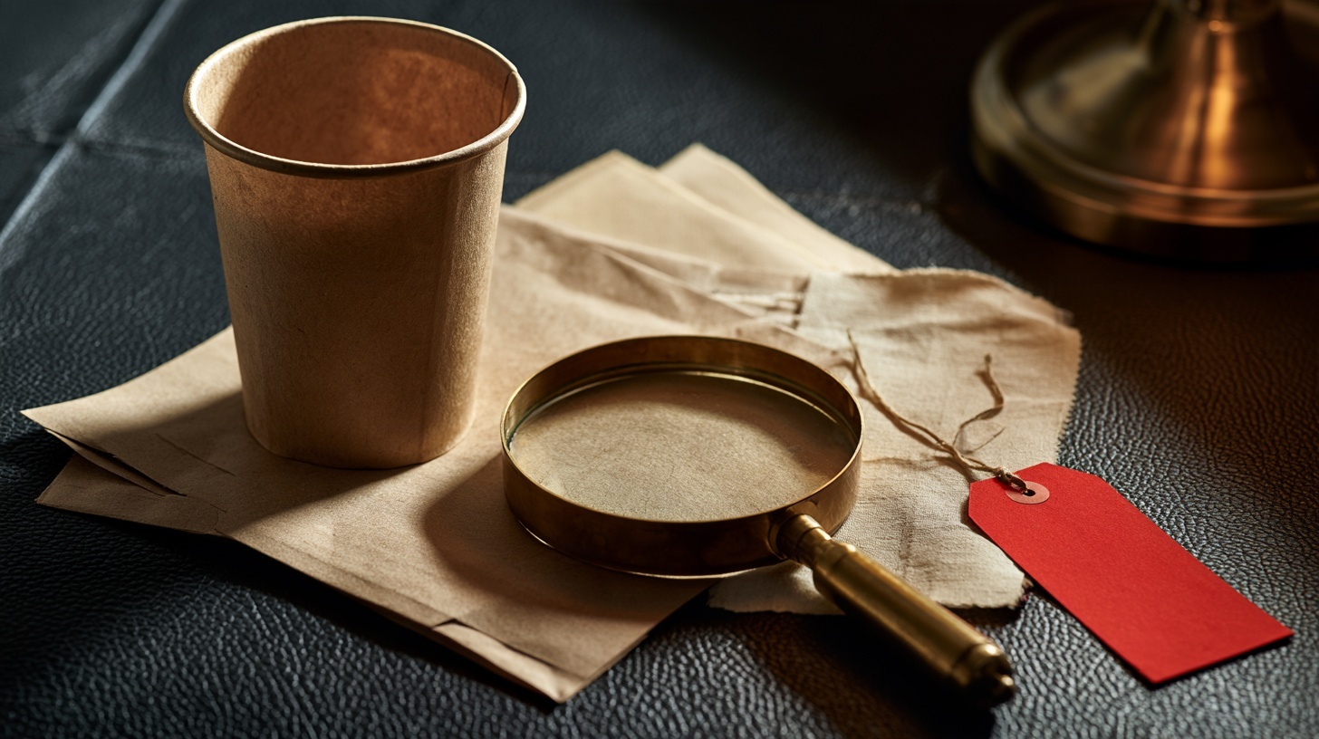 A charcoal leather desk: a brass magnifying glass resting over a loose arrangement of blank packaging, an unmarked paper cup and plain fabric swatches, with a single rubine — hero image for brand audit