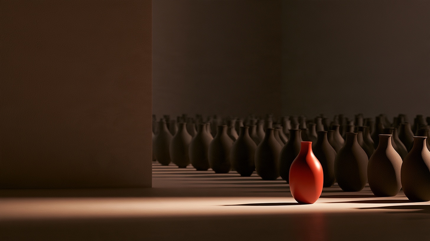 A dim, warm-grey room where rows of matte charcoal ceramic objects sit in soft shadow, and a single narrow beam of directional light picks out one glossy rubine vessel among them — hero image for brand awareness