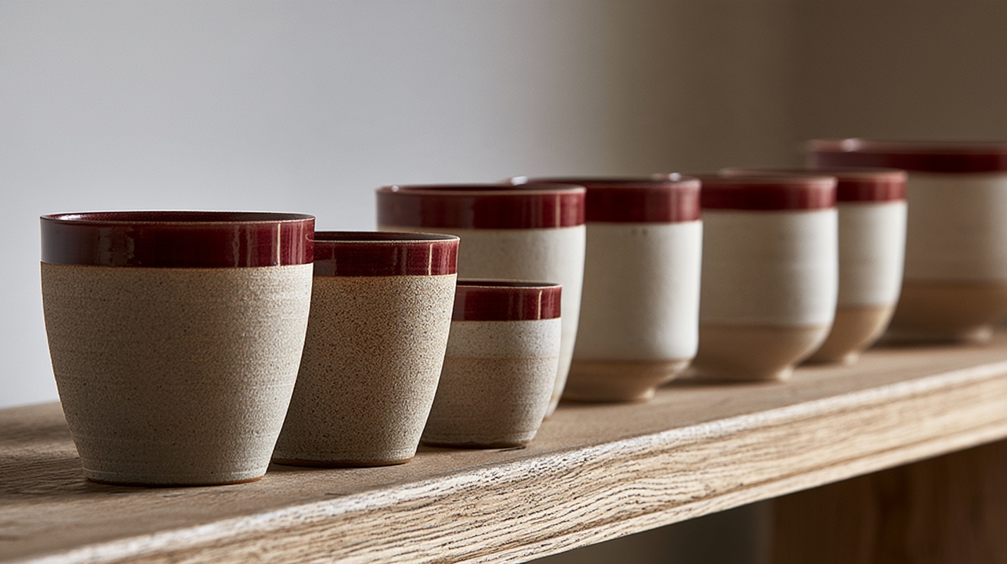 A long row of handmade ceramic cups on a pale oak shelf, each cup a slightly different shape and height, every one glazed with the same deep rubine band around the rim — hero image for brand consistency