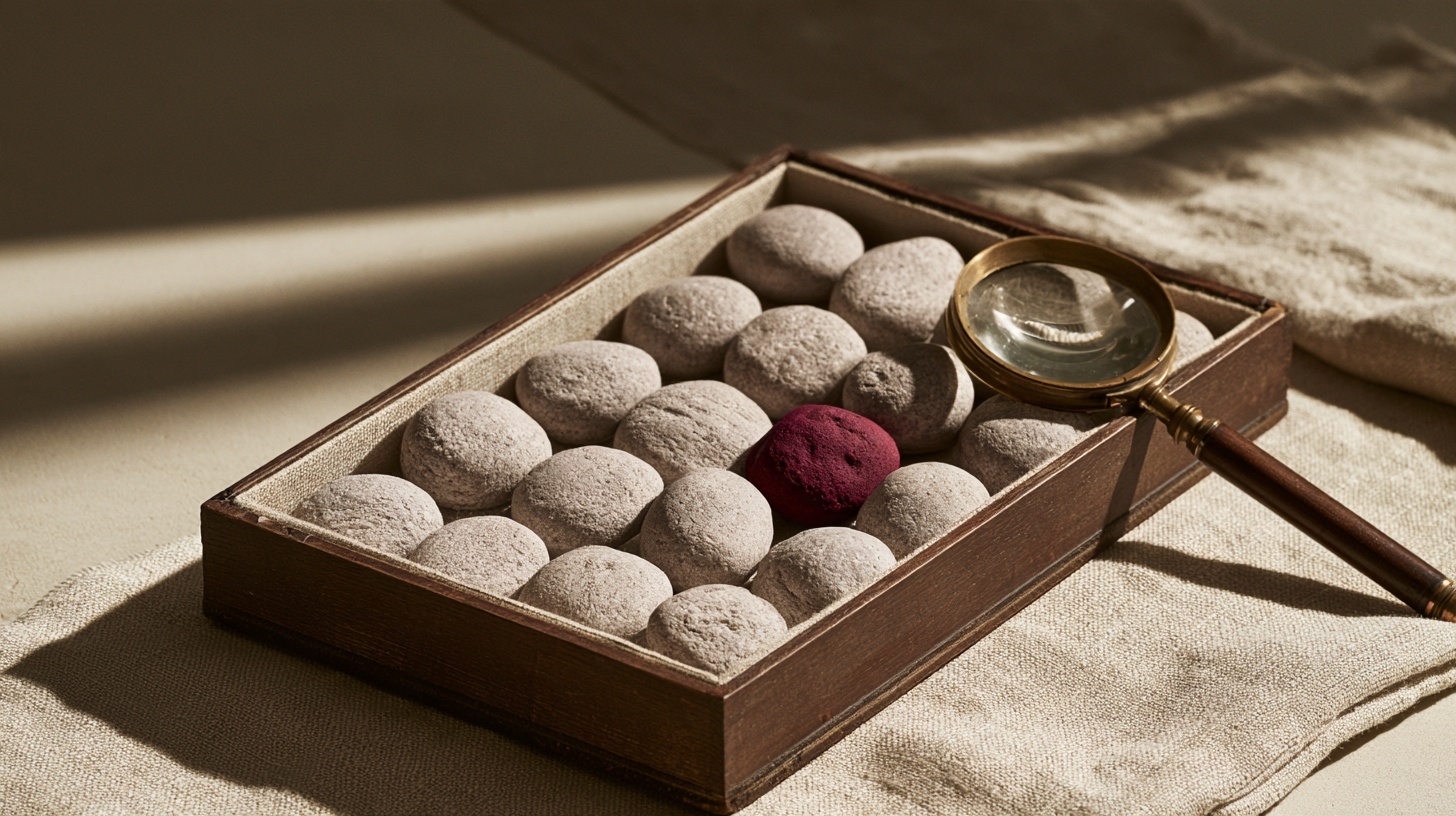 A naturalist's specimen tray on warm oatmeal linen holds a neat grid of identical pale grey pebbles; one pebble of a slightly different shape, in deep rubine magenta-red, sits — hero image for brand differentiation