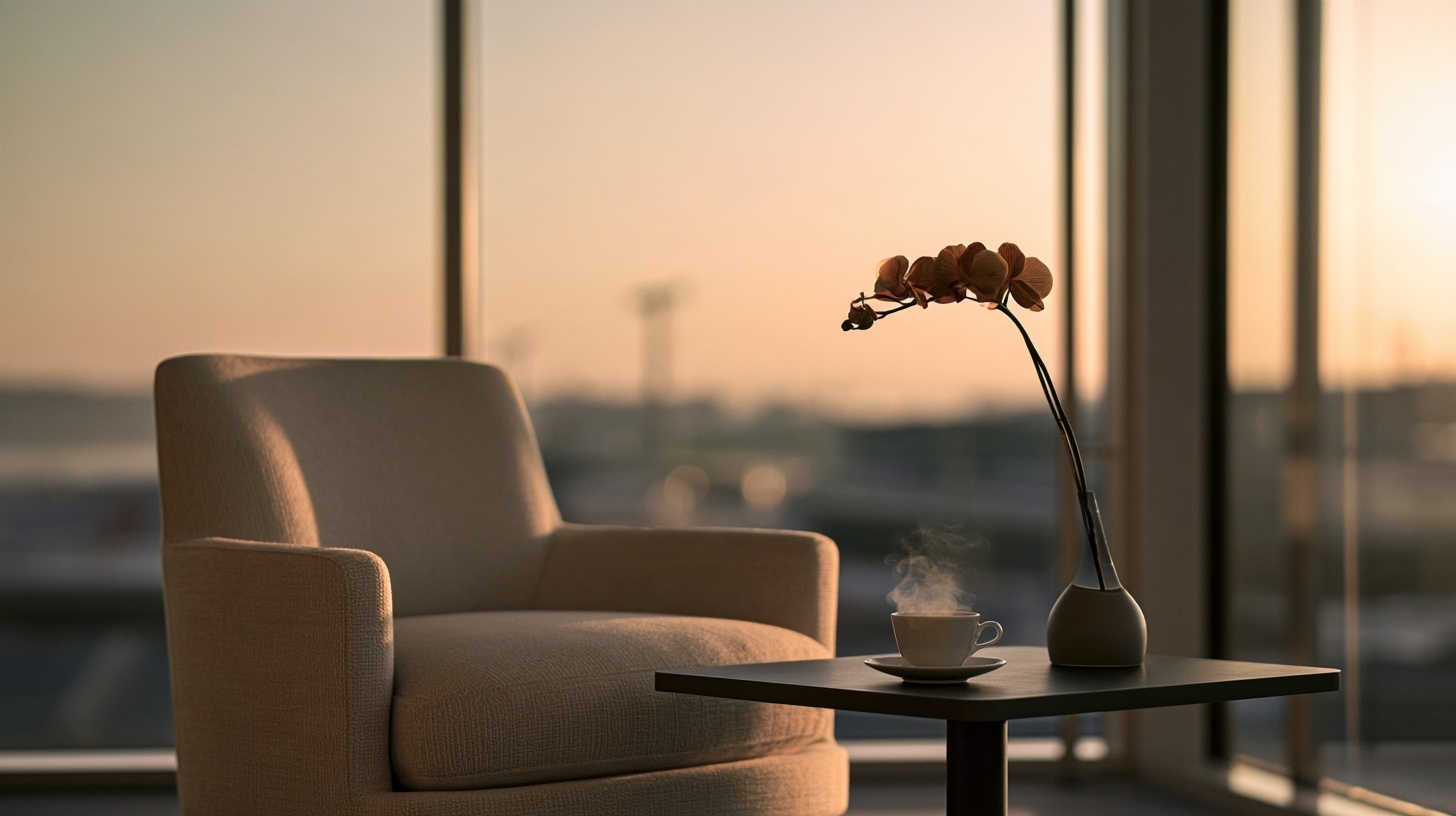 A serene airport lounge corner at dawn: a single upholstered armchair in warm oatmeal fabric, a low charcoal side table holding a steaming cup of tea and a slender vase with one — hero image for brand experience