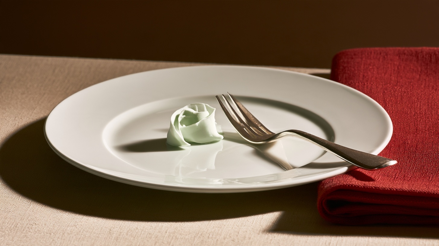 A pristine white porcelain dinner plate on a warm linen surface, holding a single neat ribbon of mint-white paste curled where food should be, beside a polished silver fork — hero image for brand extension