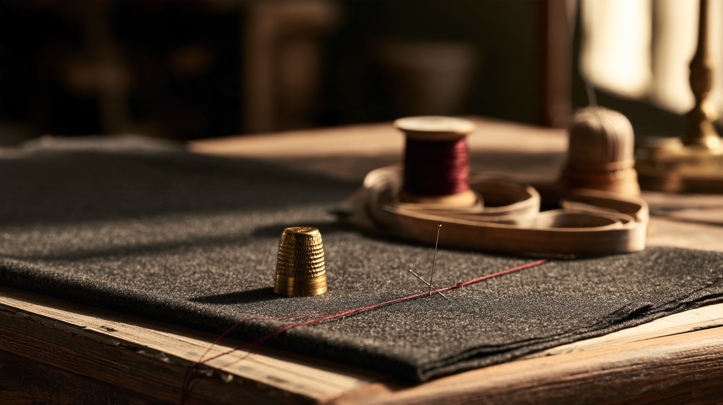A tailor's worktable: a charcoal wool swatch smoothed flat, a brass thimble, a coiled cloth tape measure and a pincushion, with a single deep rubine thread pulled taut across the — hero image for brand guardian