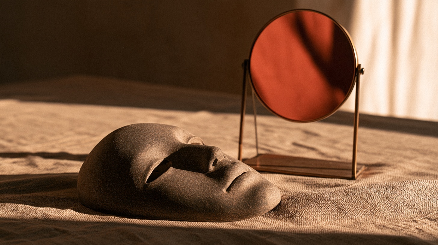 A smooth, featureless charcoal ceramic mask lying face-down on a warm linen surface, beside a small hand mirror propped upright whose reflection shows only a soft deep rubine glow — hero image for brand identity