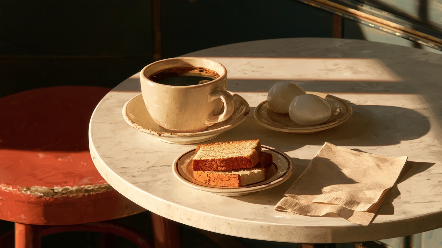 Early-morning still life on a round white marble coffee-shop table: a thick porcelain cup of black coffee on a slightly chipped saucer, a small plate of toast squares and two — hero image for brand loyalty