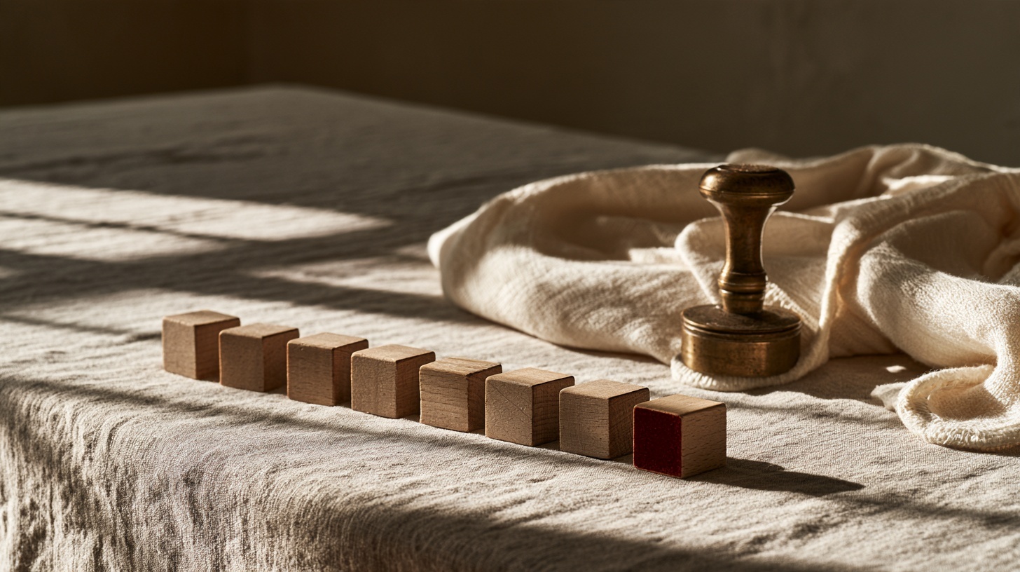 A warm linen tabletop: a row of plain wooden alphabet blocks with blank faces, one block turned to reveal a single rubine face, beside a folded cream baby blanket and an antique — hero image for brand naming