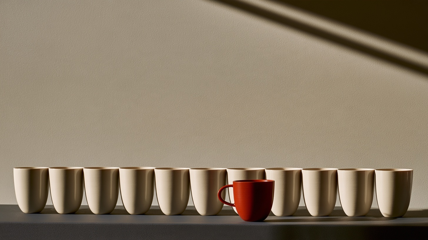 A long row of identical pale oatmeal ceramic cups on a matt charcoal shelf, with a single deep rubine cup set slightly forward and turned at a different angle, casting its own — hero image for brand positioning