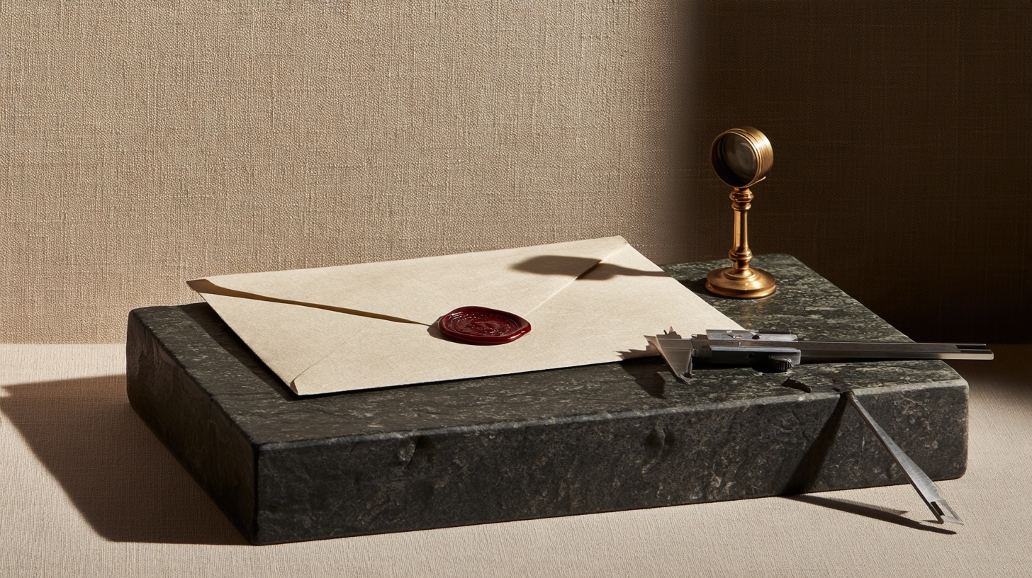 A conceptual still-life: a sealed envelope closed with a deep rubine wax seal rests on a charcoal stone plinth, a brass jeweller's loupe and a steel measuring caliper laid beside — hero image for brand promise