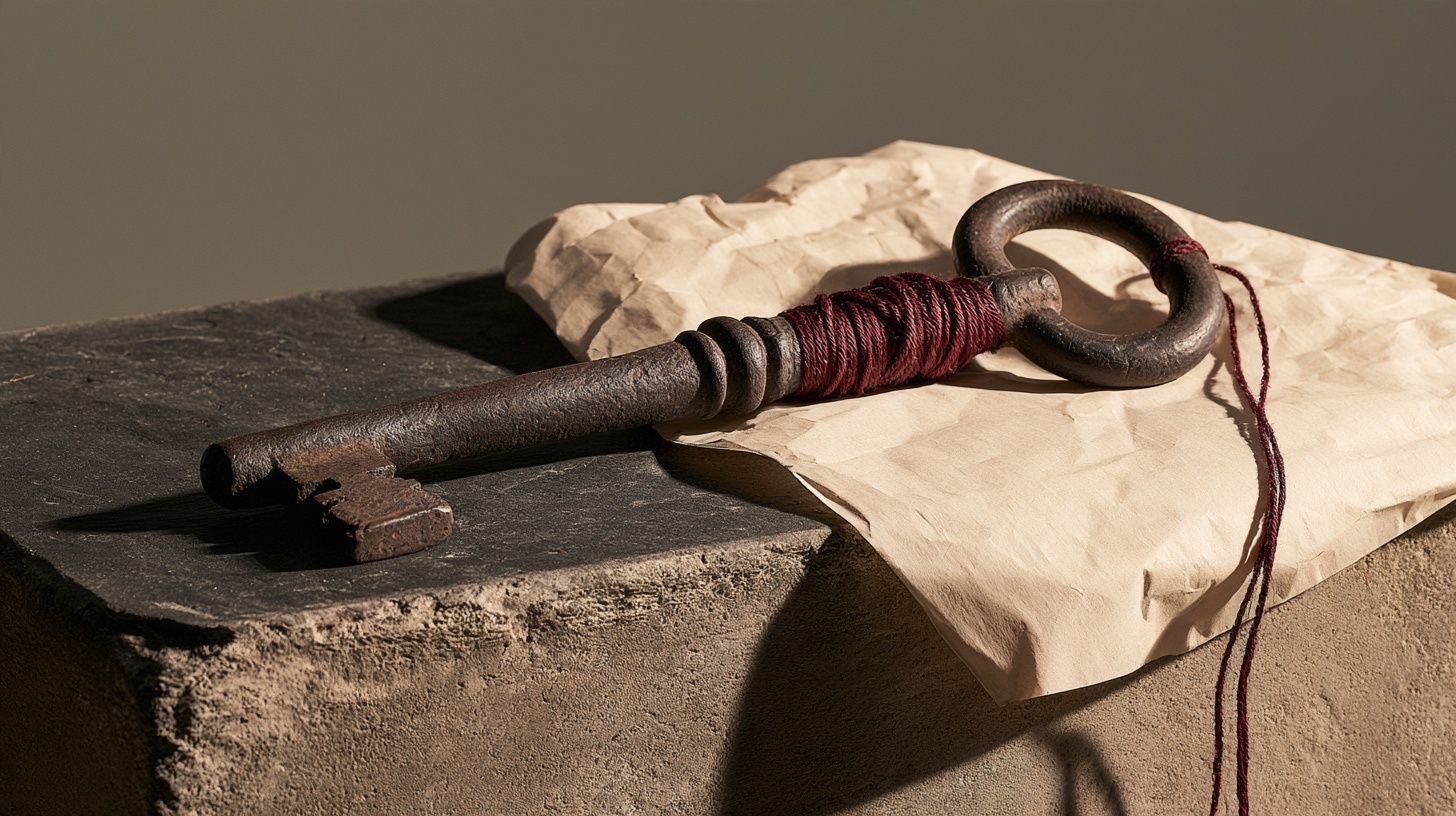 A heavy antique iron key resting on a plain charcoal stone plinth, beside a crumpled sheet of blank cream paper, lit by soft directional studio light — hero image for brand purpose