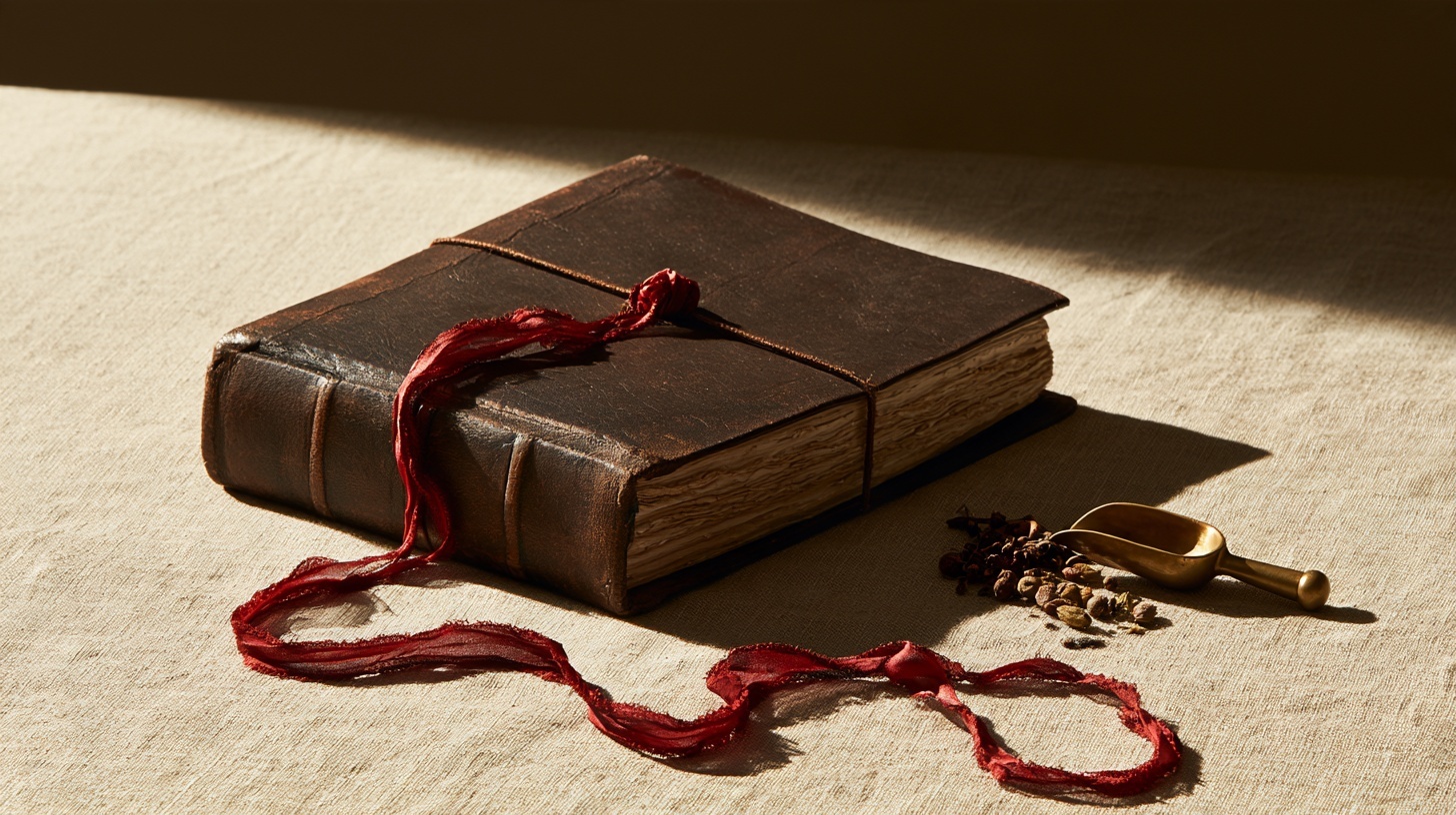 A warm linen surface: a closed leather-bound ledger with a single thread of rubine silk spilling from its pages and curling across the table like a plot line, a small brass spice — hero image for brand storytelling