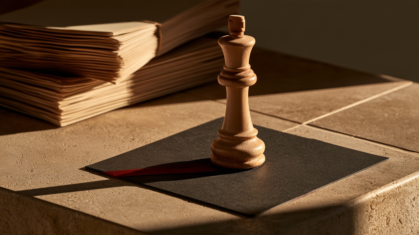 A warm stone surface: a thick stack of bound paper slides pushed to one side, slightly out of focus, while in the foreground a single wooden chess piece stands alone on a clean — hero image for brand strategy