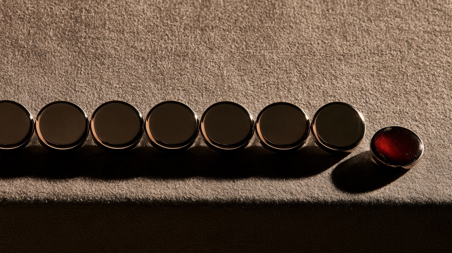A row of identical blank enamel name badges pinned in a neat line on charcoal felt, lit by soft directional studio light from the right — hero image for brand values