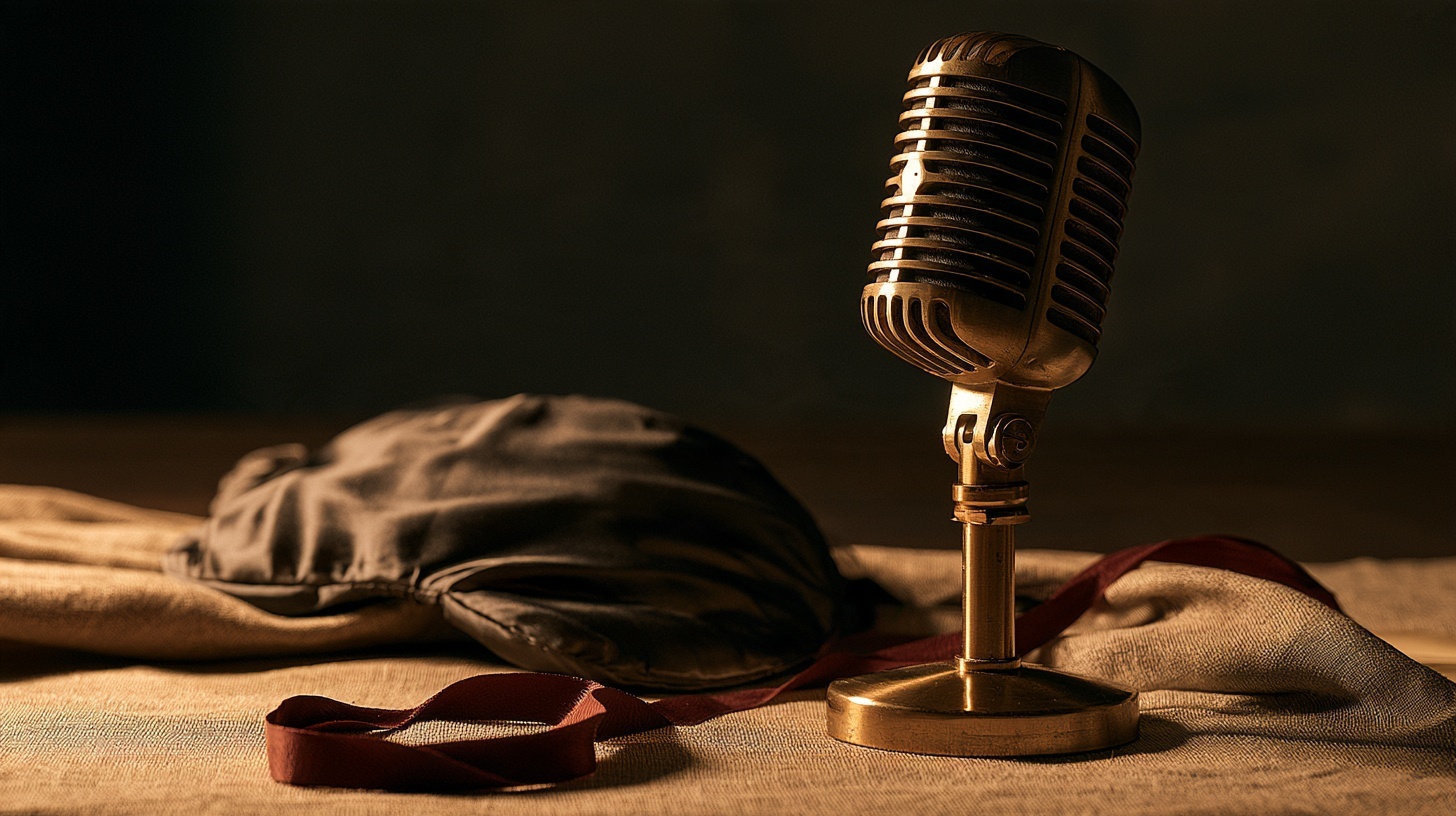 A vintage brass desk microphone on a warm linen surface beside a folded charcoal silk blindfold, lit by soft directional studio light from the right — hero image for brand voice