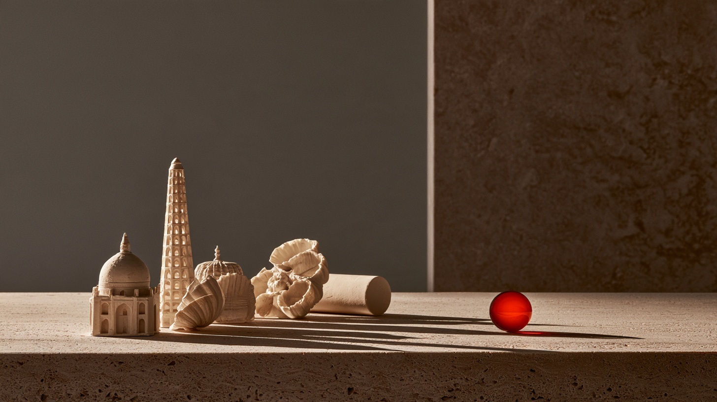 A row of small, featureless architectural forms carved from pale plaster, a slim lattice spire on a warm stone-coloured tabletop. Hero image for an article on branding countries through icons.