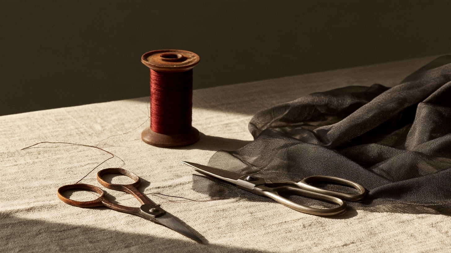 A pair of tailor's scissors resting open beside a length of sheer charcoal hosiery fabric that has been neatly cut. Hero image for an article on branding of female-led companies.