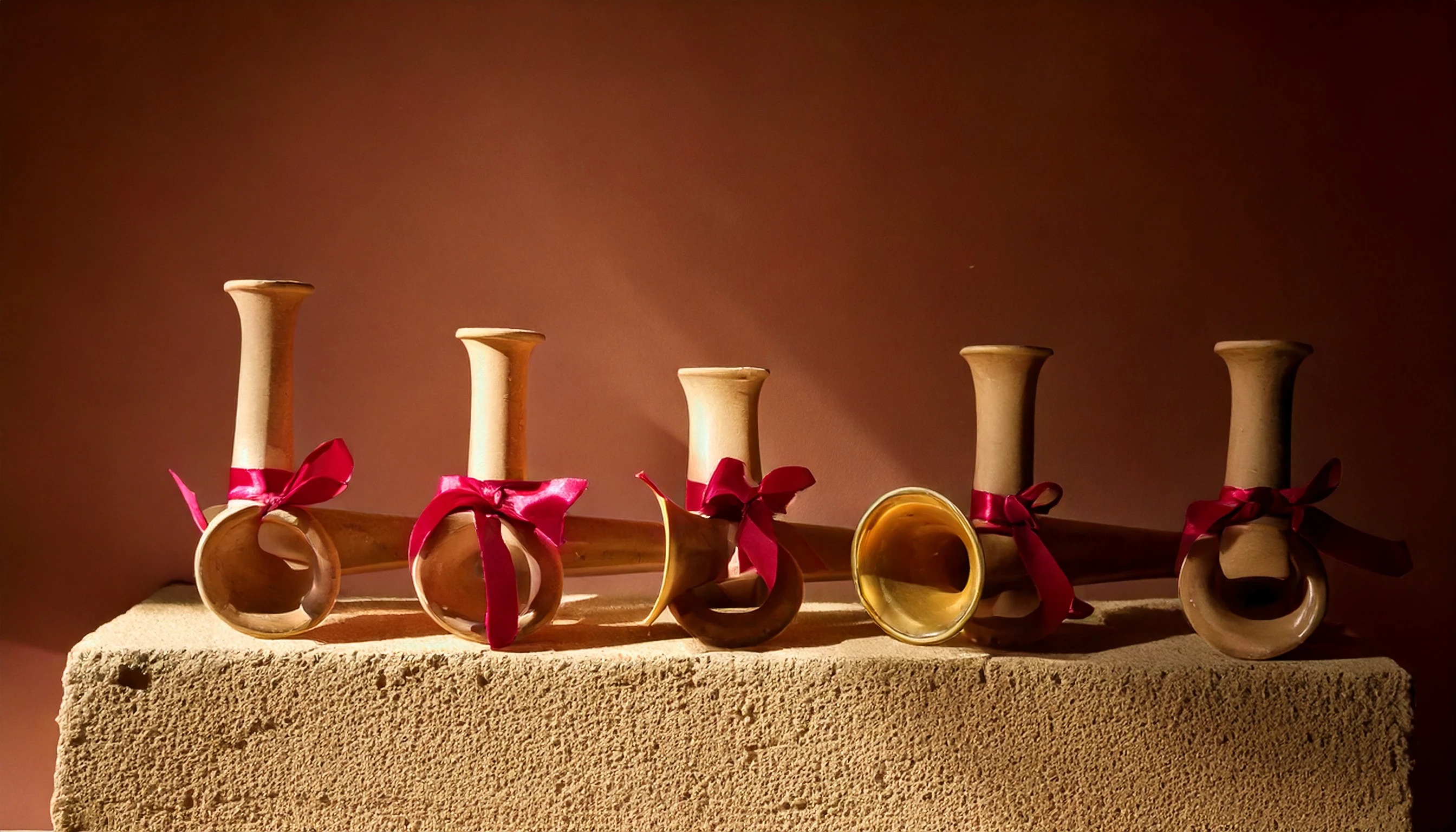 A row of identical charcoal ceramic speaking-trumpets on a stone plinth, each dressed differently, one tied with a rubine ribbon. Hero image for an article on the branding of AI models.