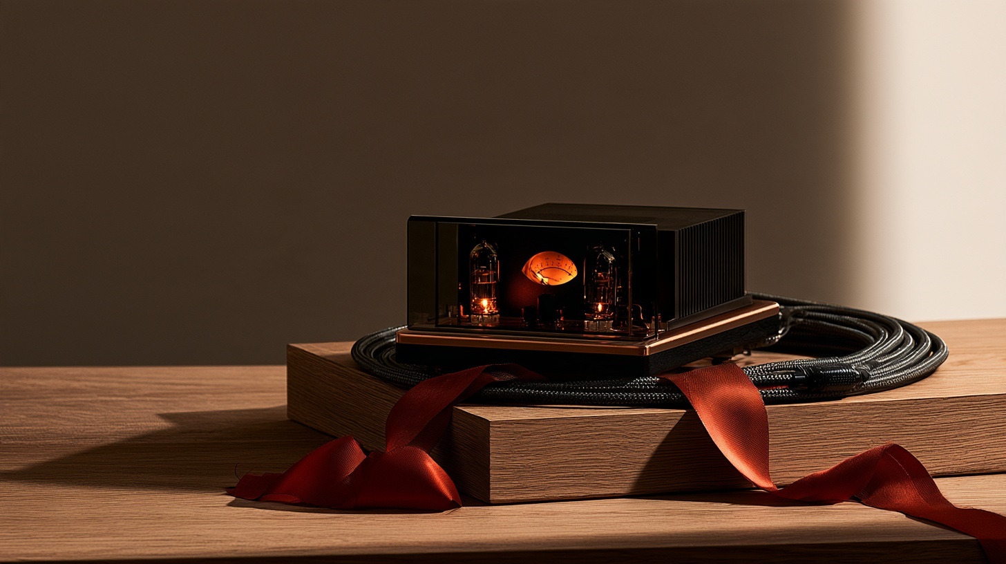 A single analogue power meter glowing softly behind a slab of black glass, resting on a warm oak plinth. Hero image for an article on branding of audiophile equipment.