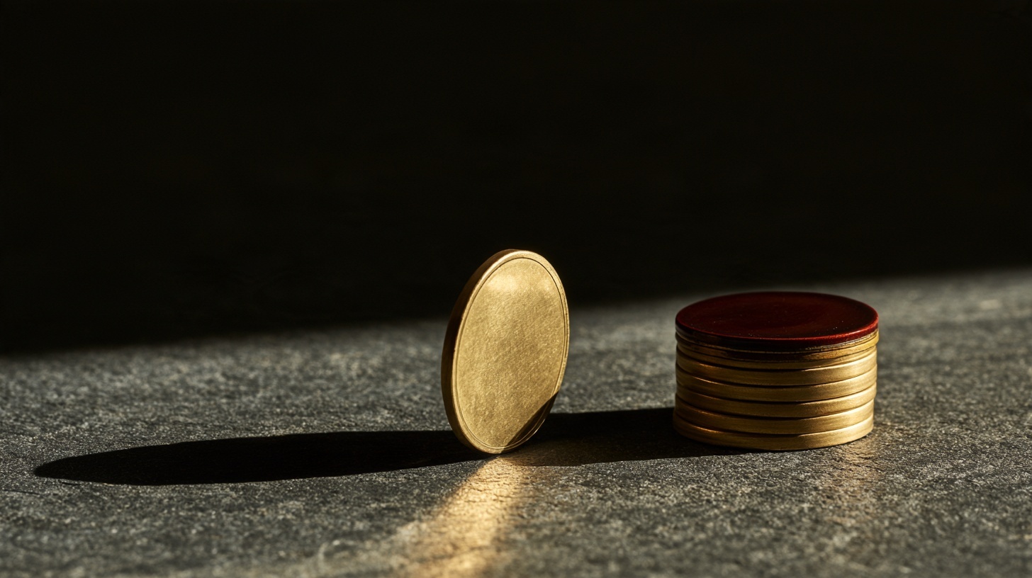 A single blank coin made of pale unpolished brass balanced on its edge on a charcoal stone surface. Hero image for an article on branding of cryptocurrencies.
