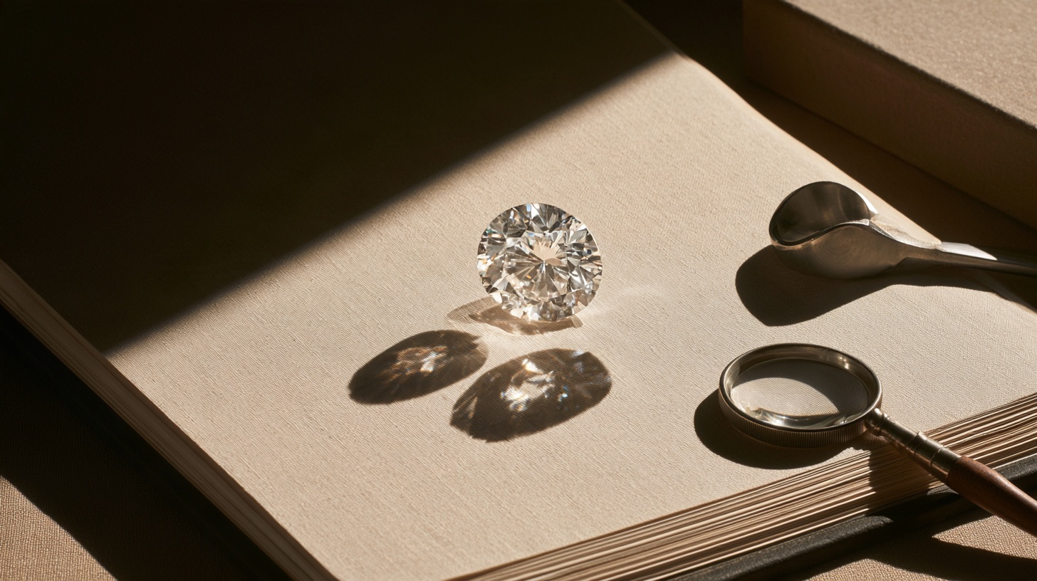 A single faceted clear crystal resting on an open charcoal ledger, its shadow splitting into two identical stones on the warm linen paper