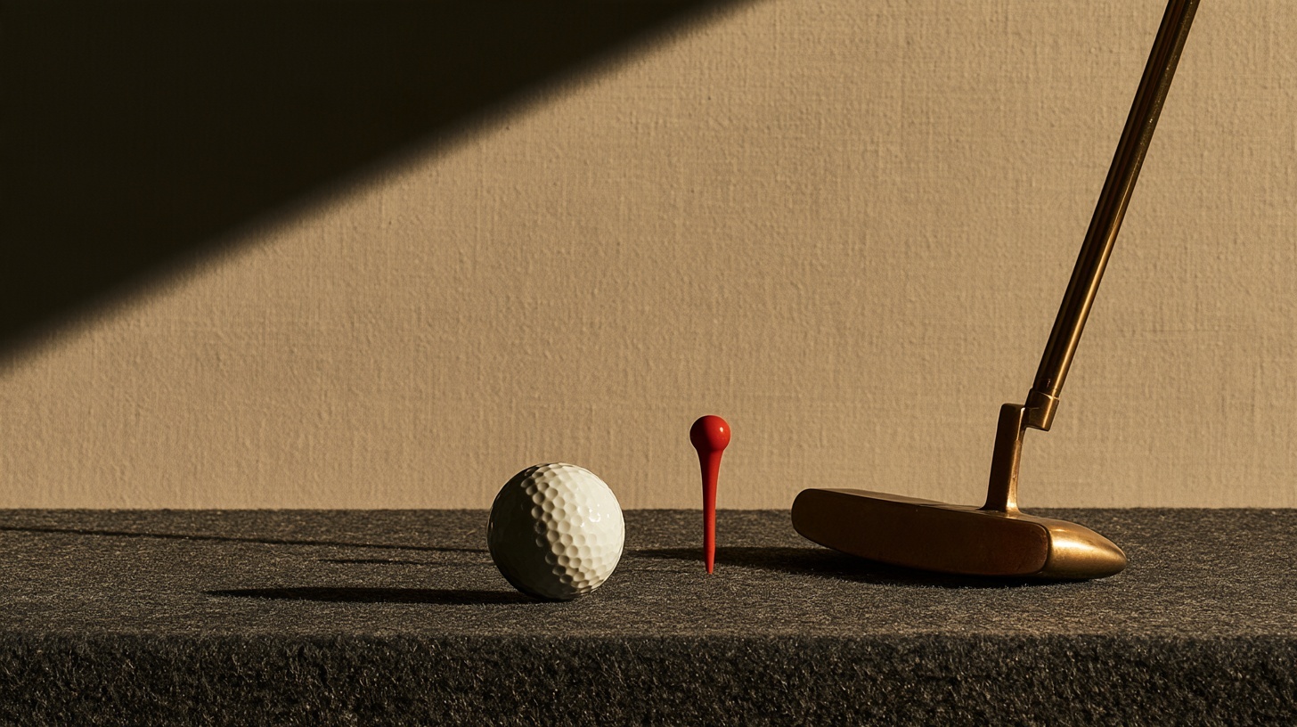 A single dimpled white golf ball resting on a charcoal felt surface beside a vintage brass putter head. Hero image for an article on branding of golf brands.