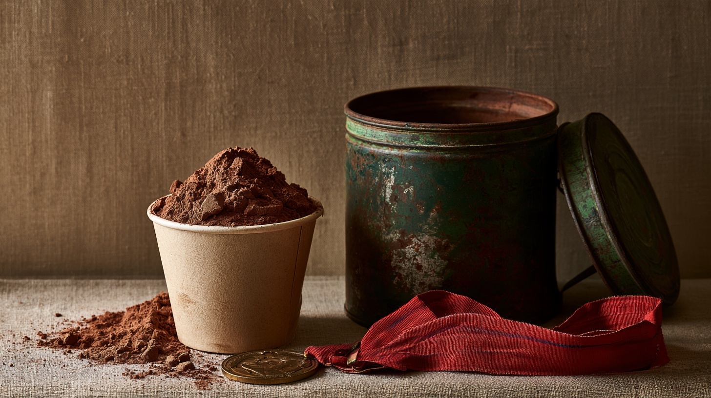A battered vintage green-toned metal tin, lid off, beside a single paper cup overflowing with a heap of dry chocolate malt powder