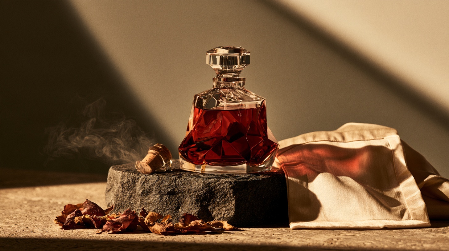 A faceted glass perfume flacon on a charcoal stone plinth, its liquid glowing a deep rubine. Hero image for an article on branding of perfumes.