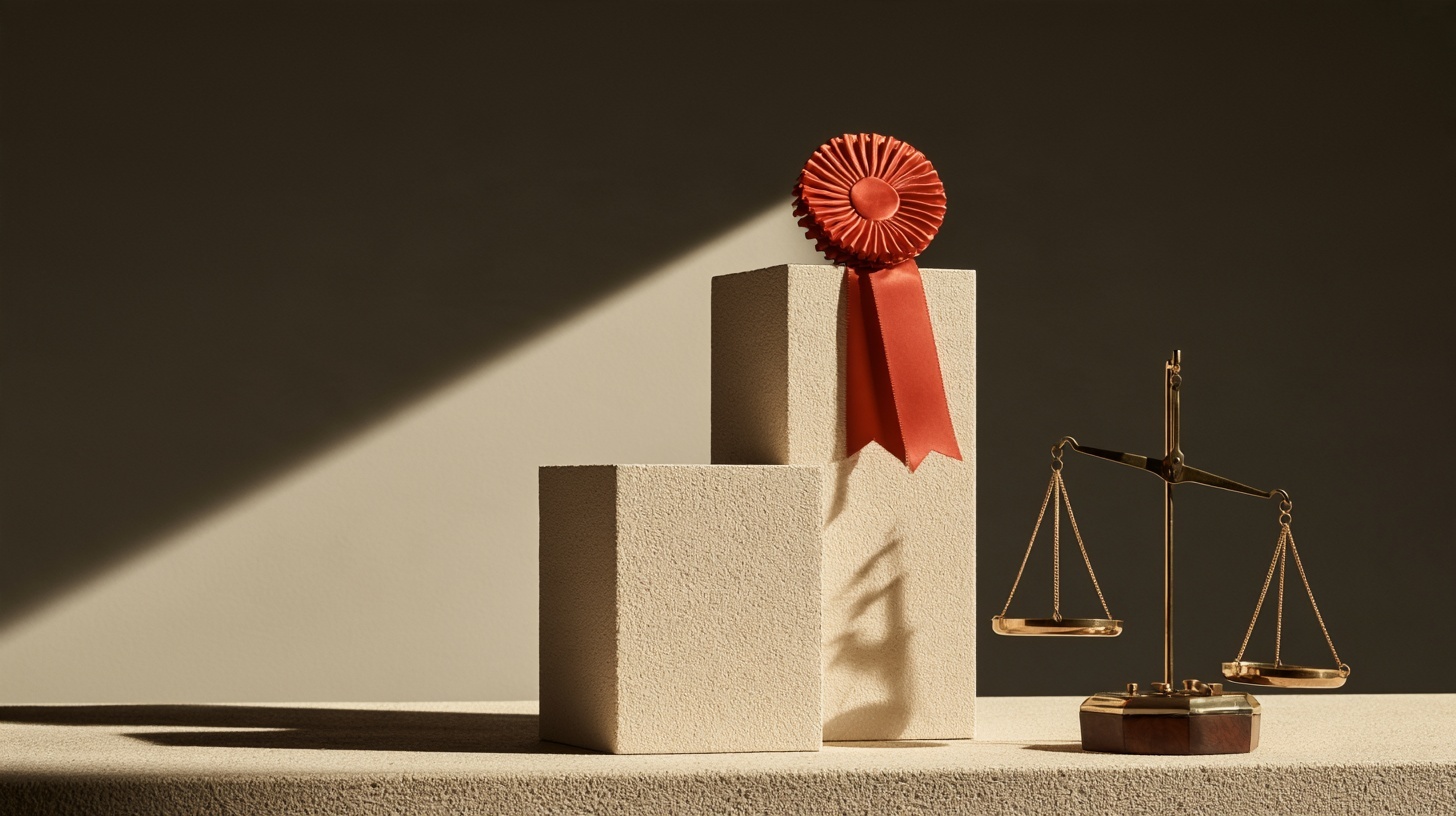 Three plain cream-coloured podium blocks of different heights on a charcoal surface. Hero image for an article on branding of rankings.