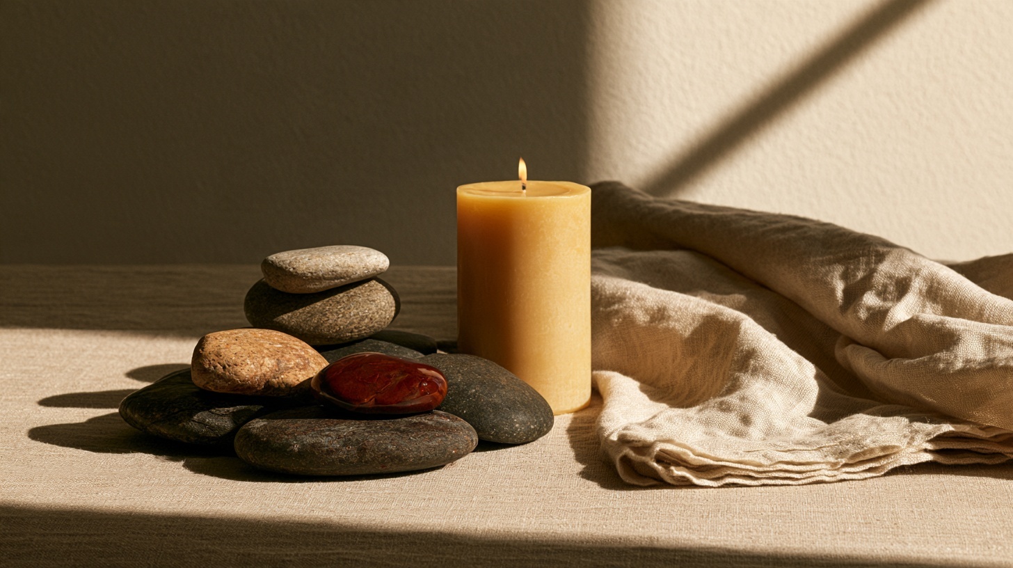 A small pile of smooth river stones arranged in a quiet spiral, one stone glazed in deep rubine on a warm linen surface. Hero image for an article on branding of religions.