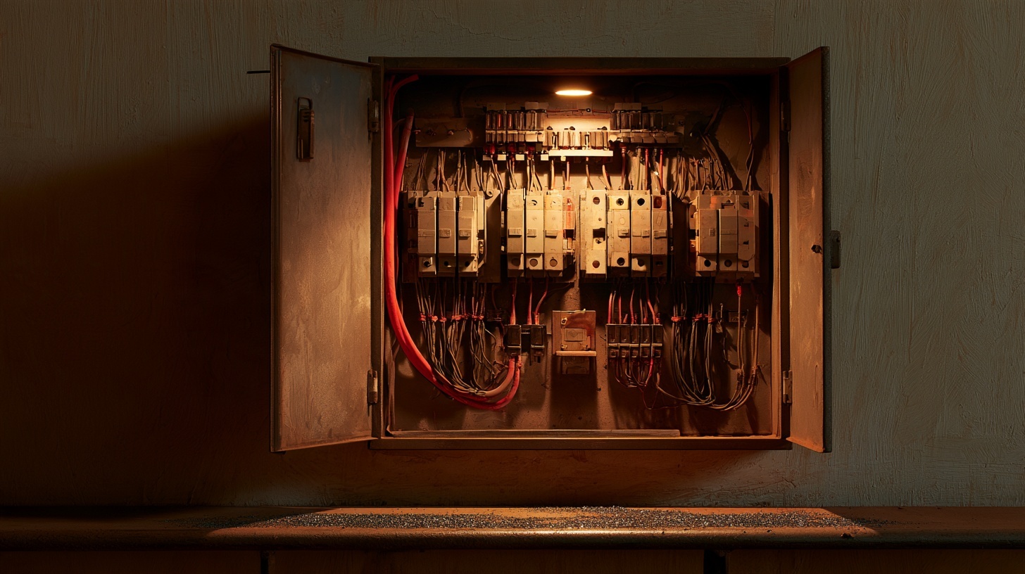 An open charcoal electrical switchboard set into a warm plaster wall. Hero image for an article on branding of Schneider Electric.