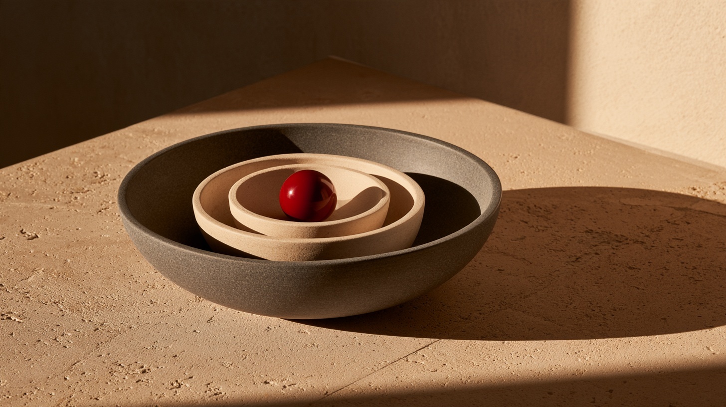 Three nested objects on a warm stone tabletop: a large hollow charcoal ceramic bowl, inside it a smaller oatmeal bowl. Hero image for an article on branding vs marketing vs advertising.
