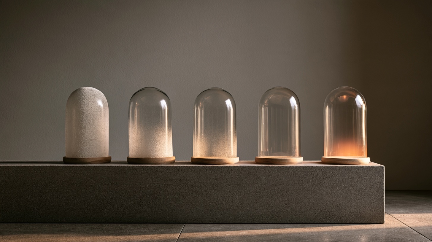 A row of five vintage glass bell jars on a long charcoal plinth, the first ones dusted with pale frost