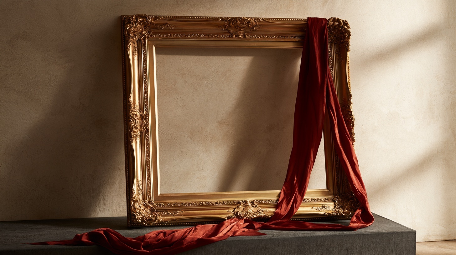 An empty antique gilt picture frame leaning against a pale plaster wall, its opening revealing nothing but warm shadow