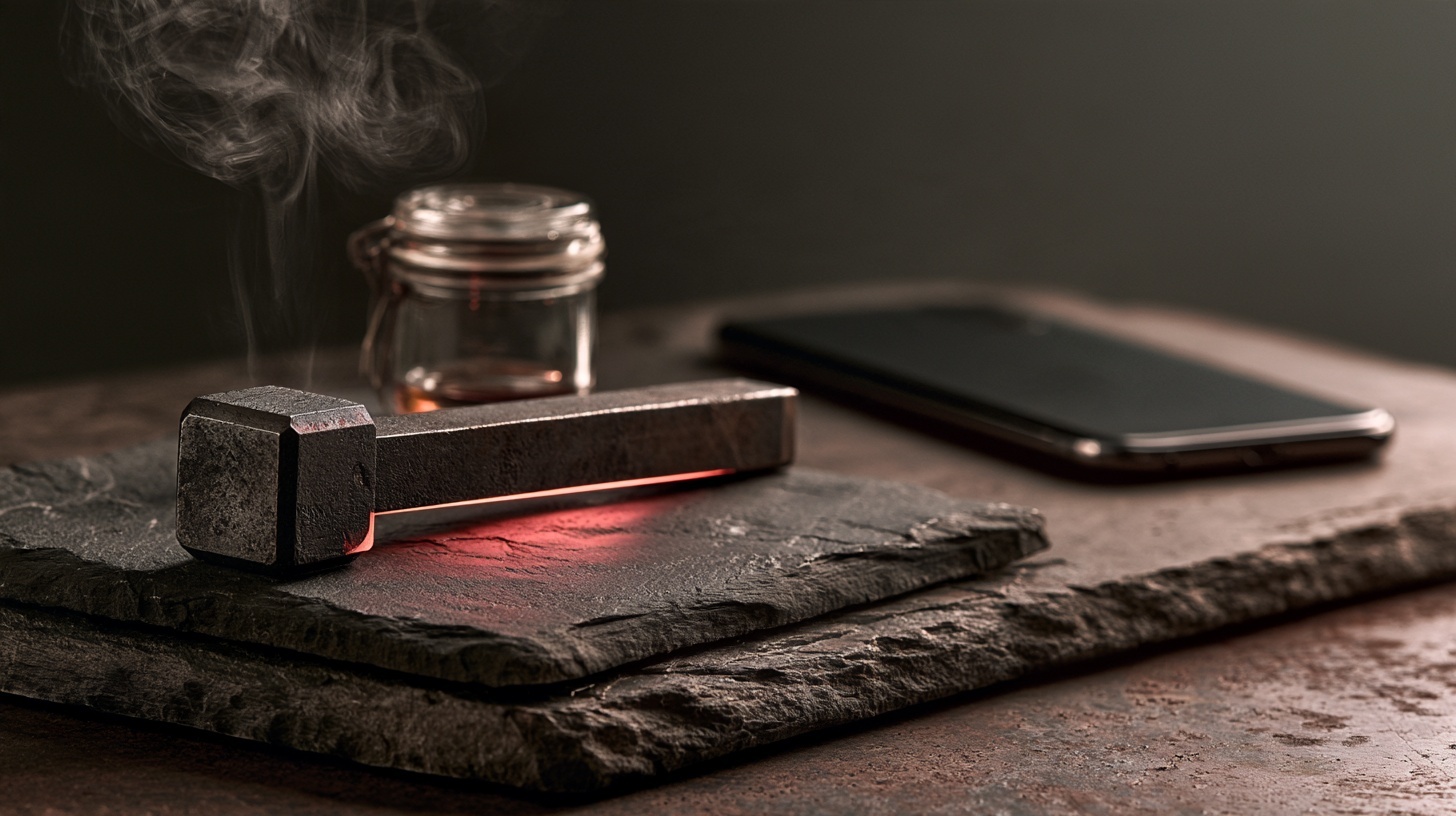 A worn iron branding tool with a simple abstract geometric head rests on a charcoal slate surface beside a small sealed glass jar and a smooth dark phone lying