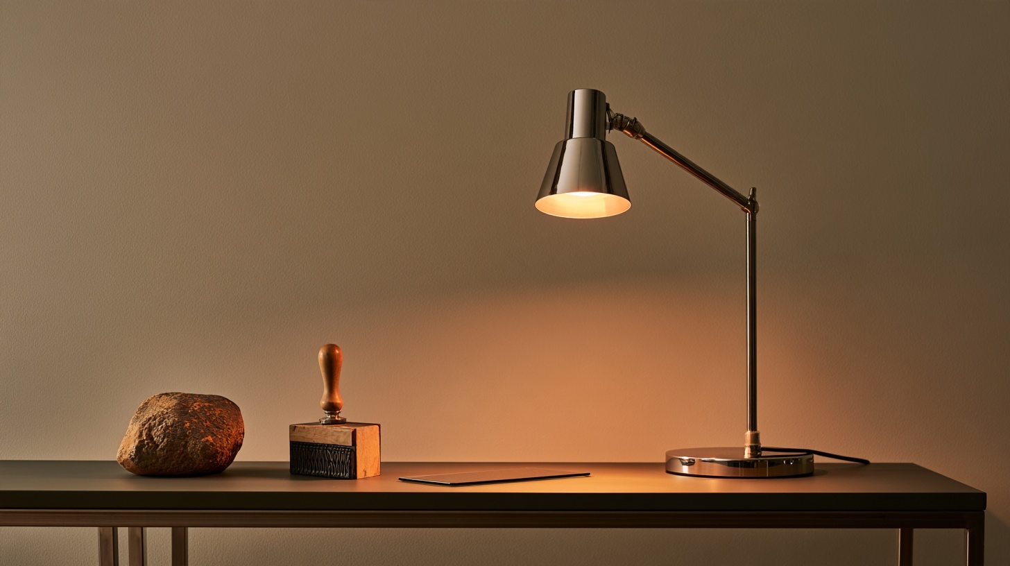 A long charcoal shelf receding from right to left holding a quiet sequence of objects: a rough ochre-stained stone, a wax seal, a block of wooden type