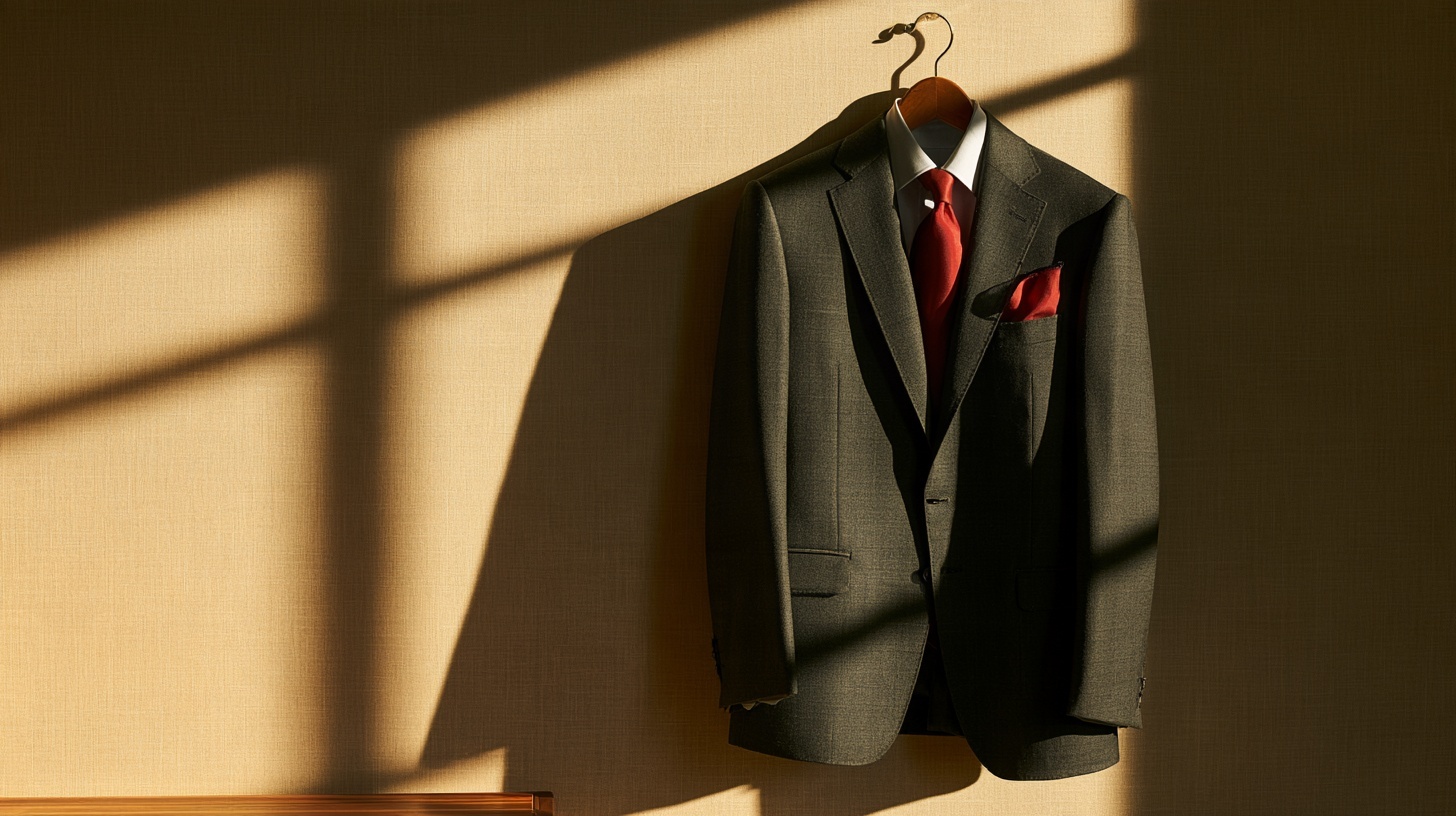 A tailored charcoal suit jacket hung on a wooden hanger. Hero image for an article on CEO as the brand.