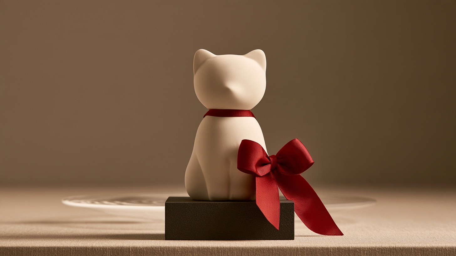 A small blank white ceramic figurine with rounded cat-like ears and no facial features, seated on a charcoal plinth. Hero image for an article on character branding.