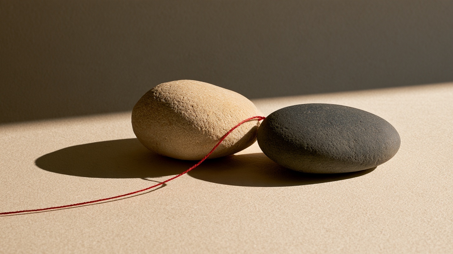 Two smooth river stones, one pale sandstone and one charcoal slate, joined by a fine rubine silk thread on warm off-white paper. Hero image for an article on Chinese brand names.