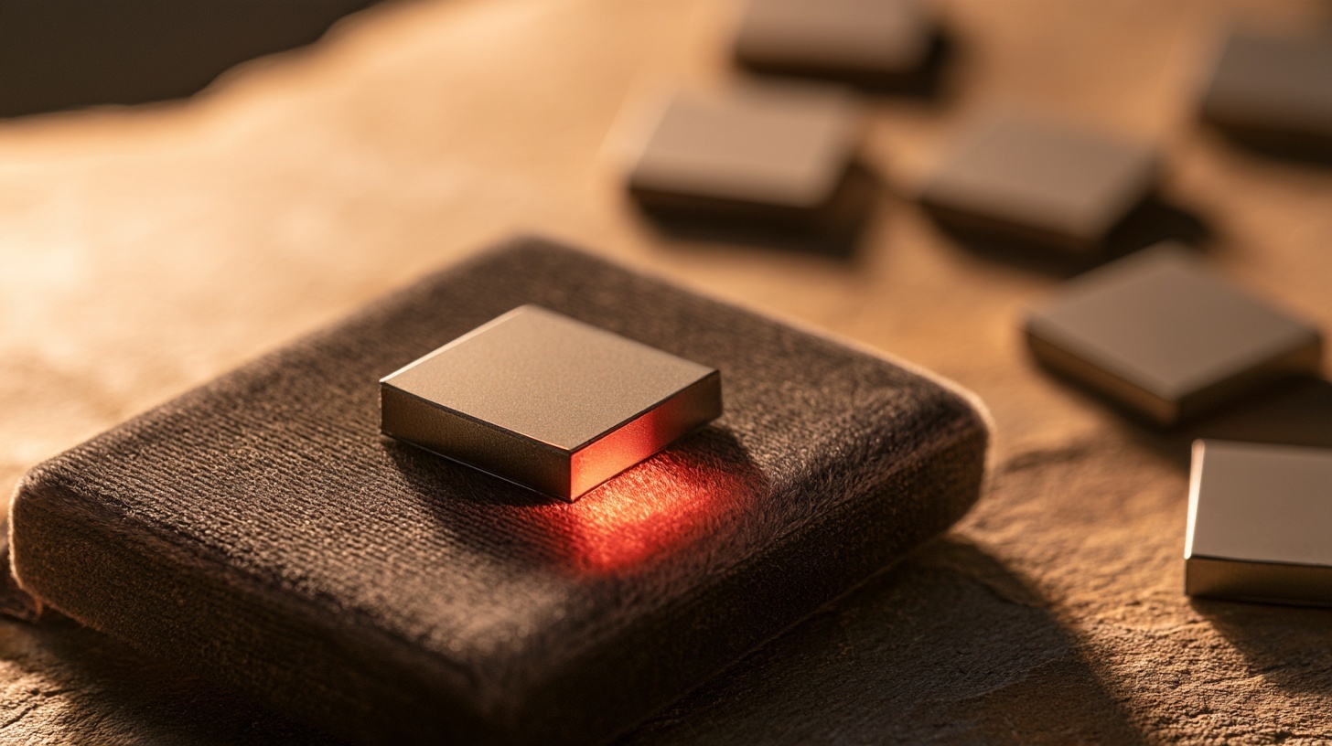 A single small square silicon chip resting on a charcoal velvet plinth, lit like a jewel by soft directional studio light. Hero image for an article on chipmaker branding.