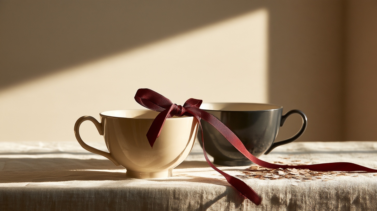 Two elegant porcelain teacups on a pale linen tablecloth, one warm ivory and one charcoal, their handles tied together with a single fine ribbon in deep rubine, a scatter of tiny — hero image for co-branding